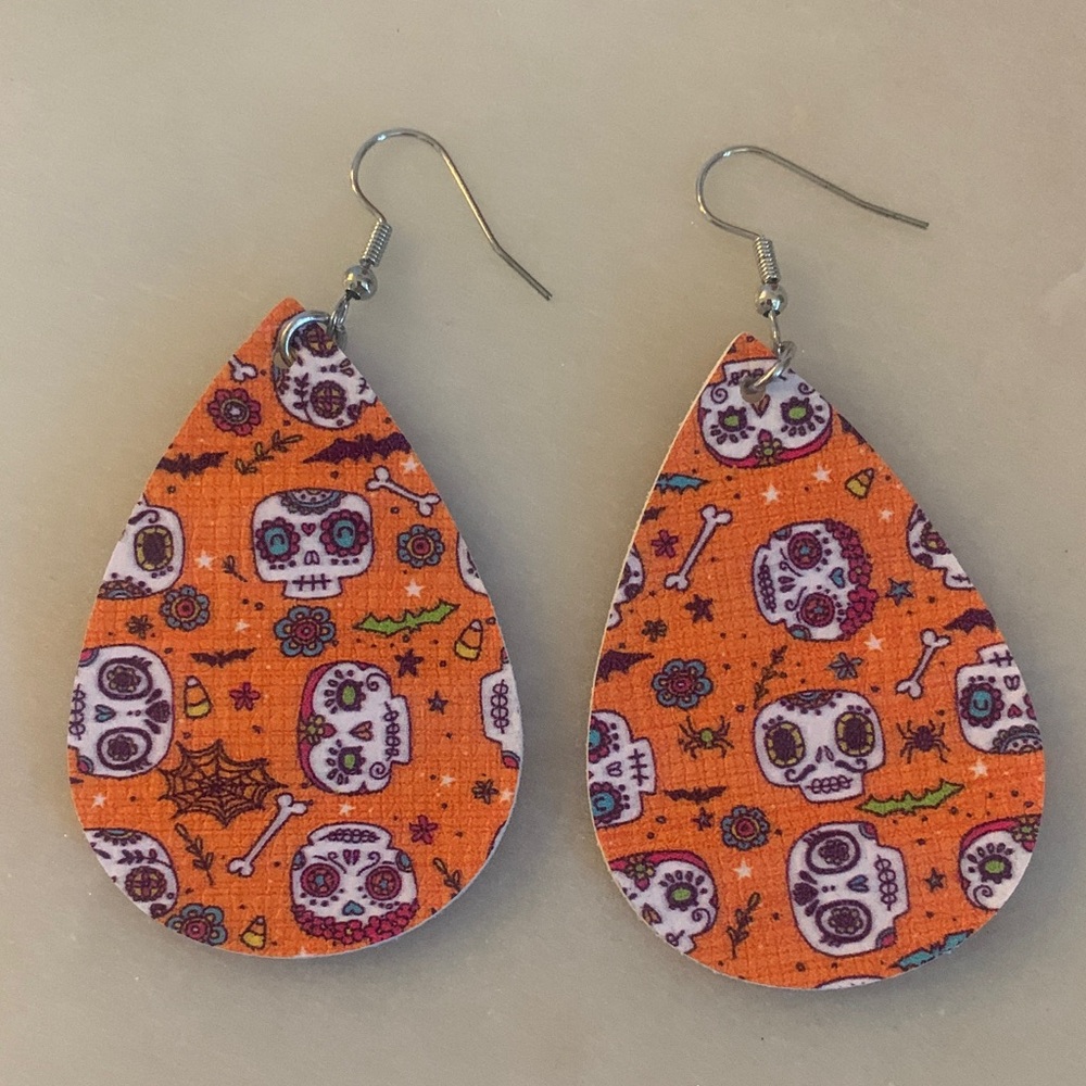 Orange Sugar Skull Teardrop Earrings